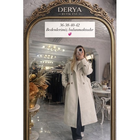 Armine Trend Kruvaze Yaka Kuşaklı Uzun Kaban - Bej/Krem